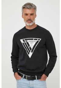 Guess bluza męska kolor czarny z nadrukiem. Kolor: czarny. Materiał: bawełna, prążkowany. Wzór: nadruk #1