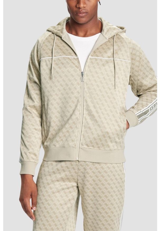 Guess - GUESS Zielona rozpinana męska bluza w monogram z lampasami i kapturem Parimo 4G, Rozmiar S. Okazja: na co dzień. Kolor: zielony. Styl: elegancki, casual, sportowy