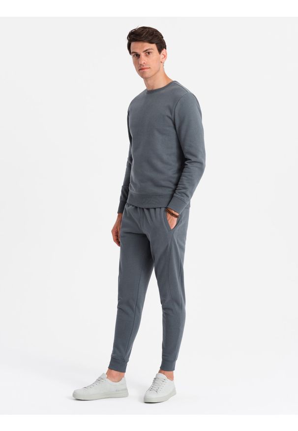 Ombre Clothing - Dresowy męski bawełniany komplet BASIC bluza nierozpinana + joggery – grafitowy V11. Kolor: szary. Materiał: dresówka, bawełna. Wzór: jednolity