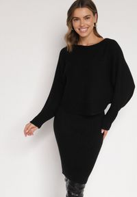 Born2be - Czarny Dzianinowy Komplet Prążkowany Sukienka i Sweter o Kroju Nietoperz Wederela. Kolor: czarny. Materiał: dzianina, prążkowany #1