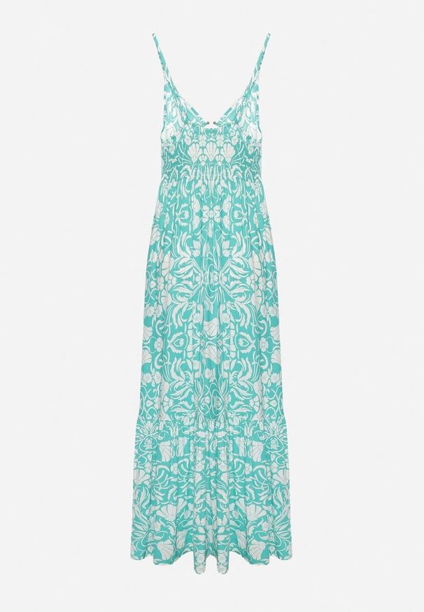 Born2be - Niebieska Sukienka Maxi z Bawełny na Cienkich Ramiączkach z Falbanką i Kwiatowym Printem Miora. Kolor: niebieski. Materiał: bawełna. Długość rękawa: na ramiączkach. Wzór: kwiaty, nadruk. Sezon: lato. Długość: maxi