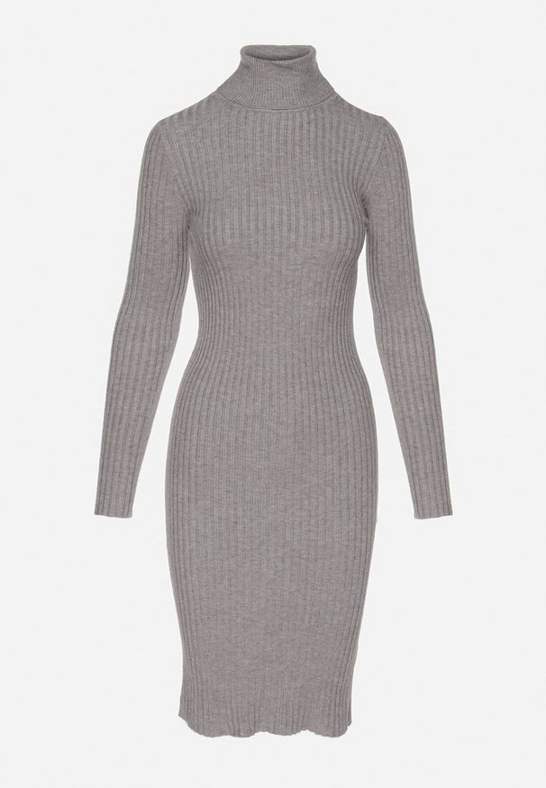 Born2be - Szara Sukienka Prążkowana o Dopasowanym Kroju z Golfem Kaszmirem Bawełną i Wełną Vaithessa. Okazja: na co dzień. Typ kołnierza: golf. Kolor: szary. Materiał: kaszmir, prążkowany, wełna, bawełna. Długość rękawa: długi rękaw. Styl: elegancki, casual