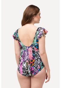 ULLA POPKEN - Damski Kostium kąpielowy mieszanka wzorów miękkie miseczki rękaw motylek. Kolekcja: plus size. Kolor: czarny. Materiał: poliester, elastan, poliamid, materiał