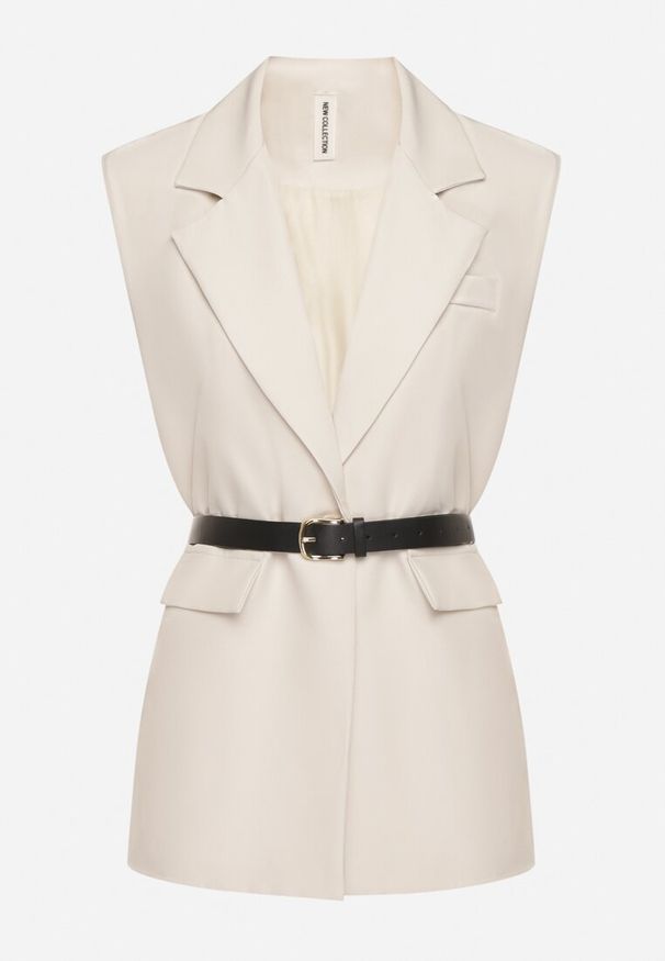 Born2be - Jasnobeżowa Kamizelka Garniturowa Oversize na Guzik z Paskiem Melazi. Okazja: na co dzień, na spotkanie biznesowe, do pracy. Kolor: beżowy. Materiał: jeans. Wzór: aplikacja. Styl: casual, biznesowy, elegancki, klasyczny