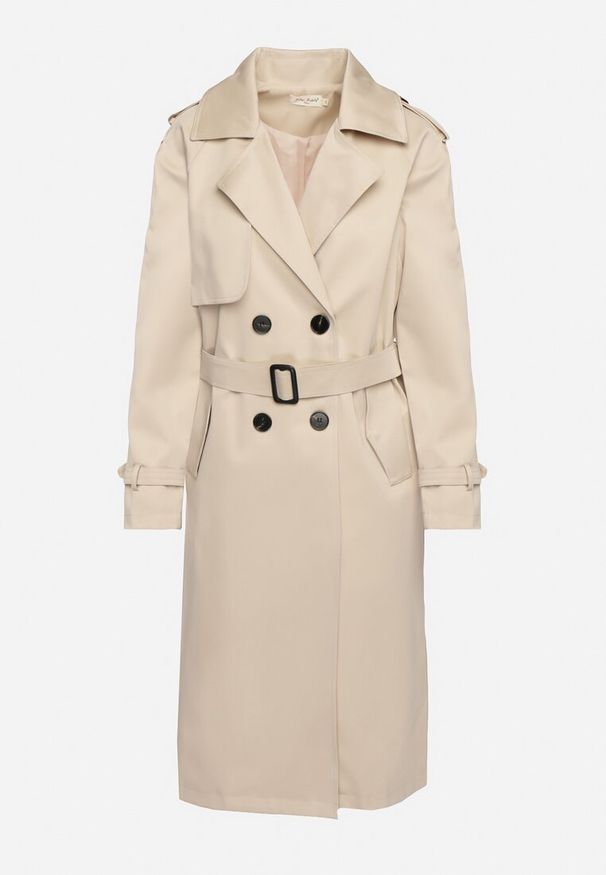 Born2be - Beżowy Długi Płaszcz Trencz o Klasycznym Fasonie z Paskiem Nasde. Okazja: na co dzień. Kolor: beżowy. Materiał: jeans. Długość: długie. Styl: klasyczny