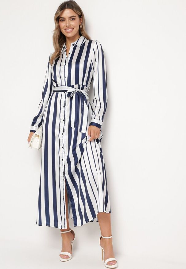 Born2be - Biało-Granatowa Sukienka Koszulowa z Wiązaniem w Talii w Podłużne Paski Nerystia. Okazja: na co dzień. Kolor: biały. Wzór: paski. Typ sukienki: koszulowe. Styl: klasyczny, casual, elegancki