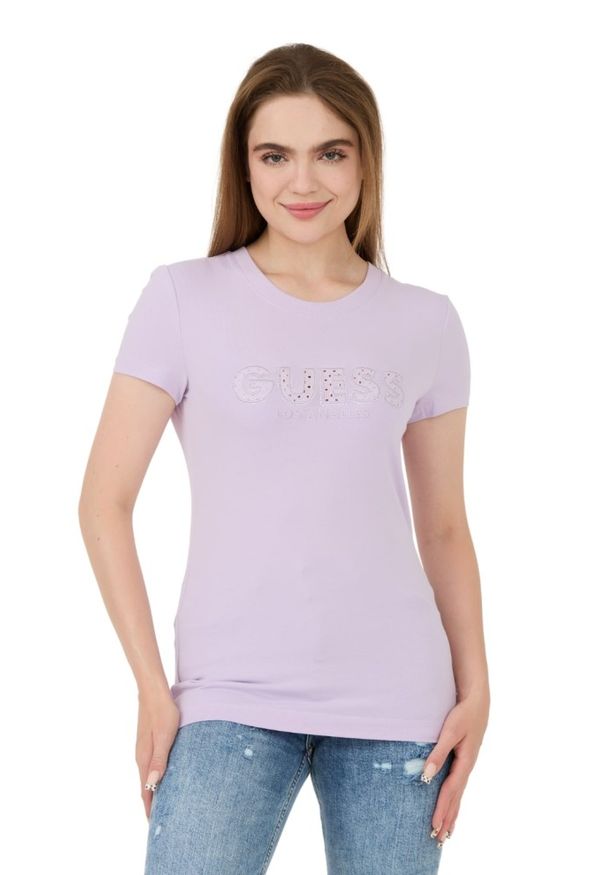 Guess - GUESS Lawendowy damski t-shirt Sangallo Tee, Rozmiar XL. Kolor: czarny