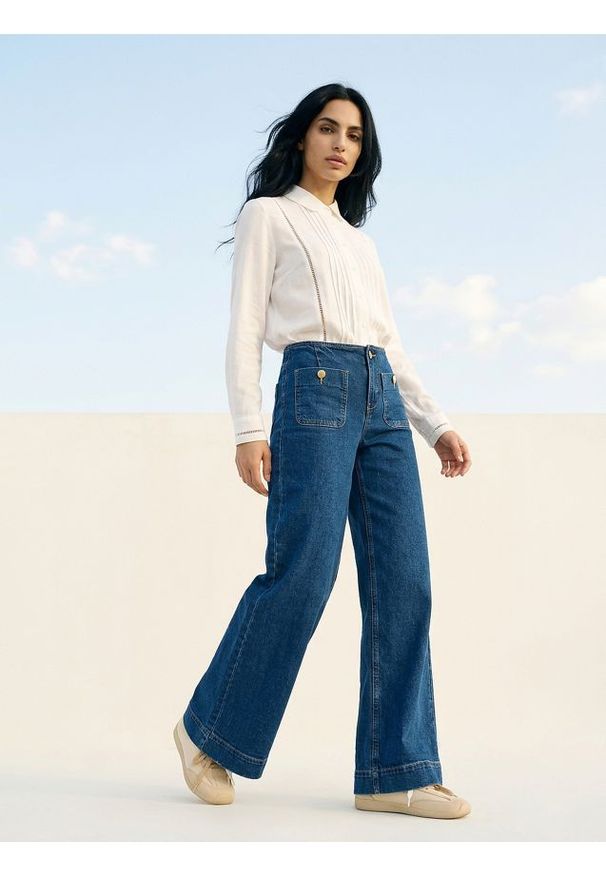 Sinsay - Jeansy wide leg z efektem sprania - granatowy. Kolor: niebieski