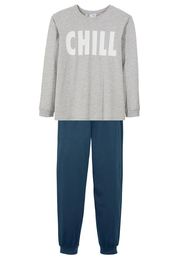 bonprix - Piżama z miękkiej bawełny organicznej (2 części). Kolor: szary. Materiał: bawełna. Długość: długie. Wzór: nadruk, napisy