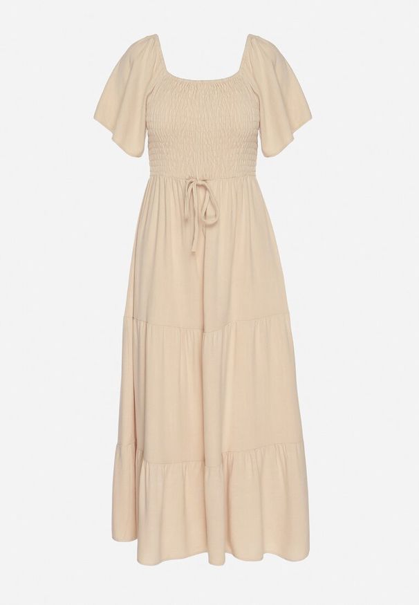 Born2be - Beżowa Sukienka z Wiskozą Lnem i Elastyczną Górą Ellisena. Okazja: na co dzień, na spacer. Kolor: beżowy. Materiał: len, wiskoza. Typ sukienki: proste. Styl: klasyczny, casual, elegancki