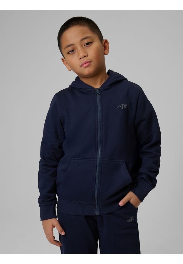 4f - 4F Bluza dresowa regular z kapturem chłopięca - granatowa 158 (12-13 lat). Okazja: na co dzień. Typ kołnierza: kaptur. Kolor: niebieski. Materiał: dresówka. Sezon: lato. Styl: casual