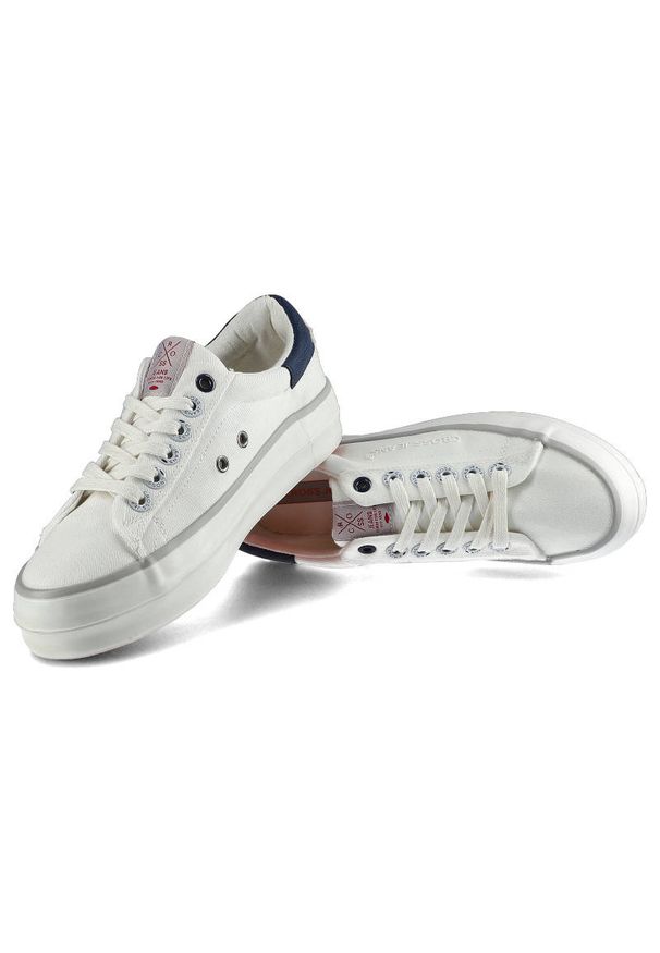 Białe Trampki Cross Jeans Damskie Modne Obuwie. Okazja: na co dzień. Zapięcie: sznurówki. Kolor: biały. Materiał: materiał, guma. Szerokość cholewki: normalna. Wzór: kolorowy, gładki. Styl: casual, elegancki, sportowy, klasyczny