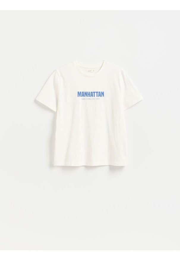 Reserved - Bawełniany t-shirt z nadrukiem - złamana biel. Materiał: bawełna. Wzór: nadruk