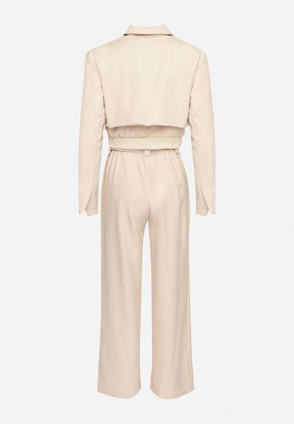 Born2be - Beżowy Komplet Garniturowy Marynarka ze Ściągaczem i Szerokie Spodnie z Dwoma Paskami Riliona. Kolor: beżowy