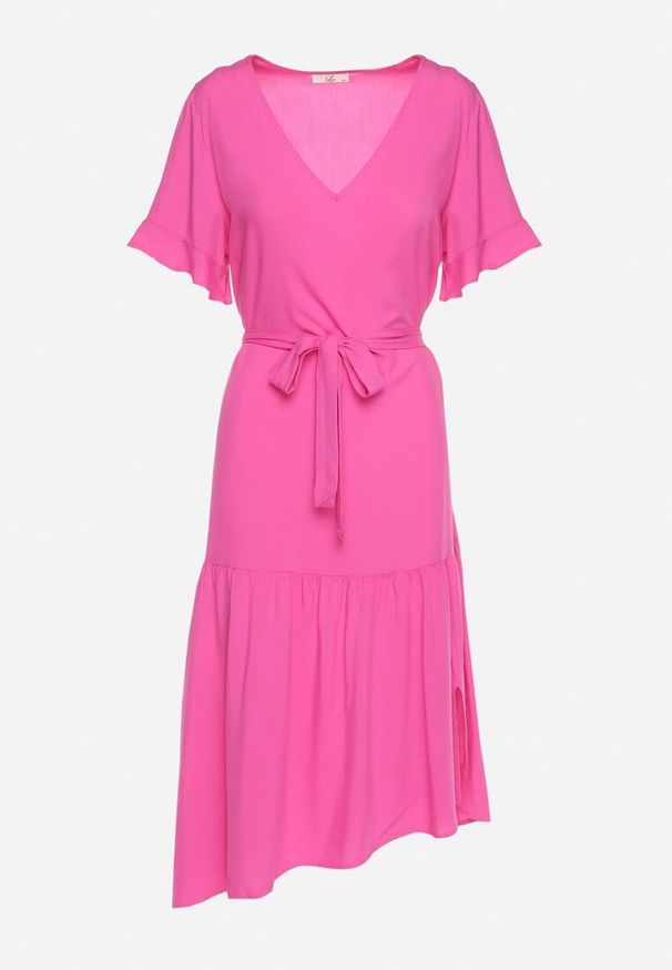 Born2be - Fuksjowa Sukienka Pudełkowa z Materiałowym Paskiem i Falbanką Dimovas. Typ kołnierza: dekolt w kształcie V. Kolor: różowy. Materiał: materiał