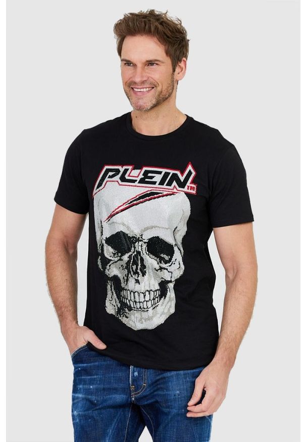 Philipp Plein - PHILIPP PLEIN Czarny t-shirt męski Platinum cut round neck space plein. Kolor: czarny. Materiał: prążkowany. Wzór: aplikacja