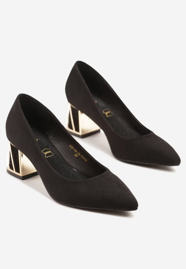 Born2be - Czarne Czółenka Vices na Ozdobnym Słupku ze Skórzaną Wkładką Arvisel. Okazja: na spotkanie biznesowe, do pracy. Kolor: czarny. Materiał: skóra. Wzór: aplikacja. Obcas: na słupku. Styl: biznesowy, elegancki, klasyczny