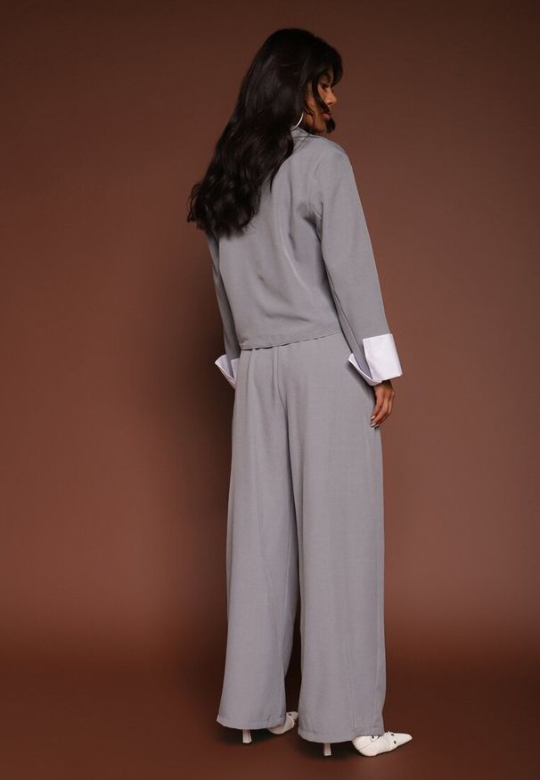 Renee - Szary Garniturowy Komplet Marynarka i Spodnie z Kontrastującymi Zdobieniami Davirielle. Kolor: szary. Wzór: aplikacja