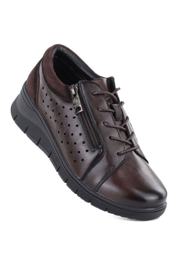 Skórzane półbuty damskie ażurowe na koturnie brązowe Vinceza 39977. Okazja: na co dzień. Kolor: brązowy. Materiał: skóra. Wzór: ażurowy. Obcas: na koturnie. Styl: casual, sportowy