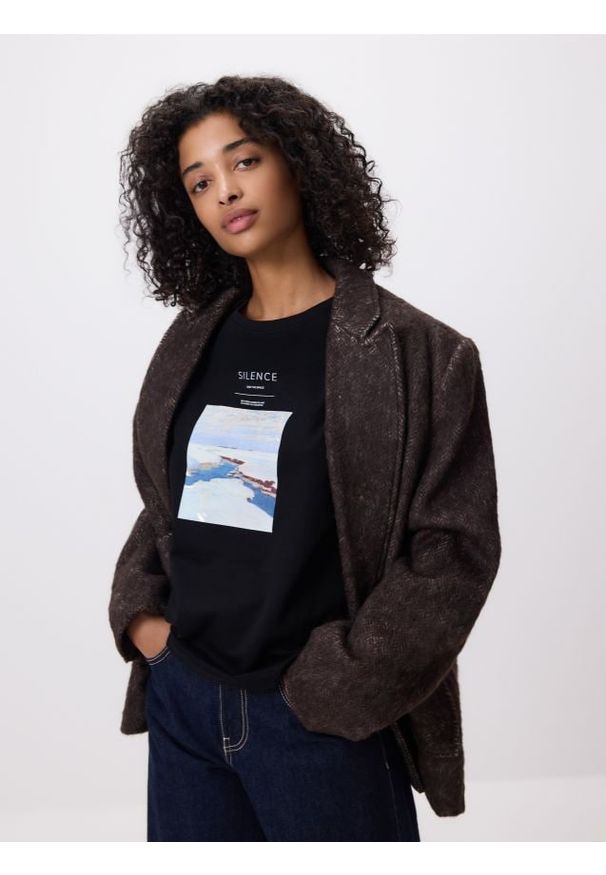 Reserved - Bawełniany t-shirt z nadrukiem - czarny. Kolor: czarny. Materiał: bawełna. Wzór: nadruk