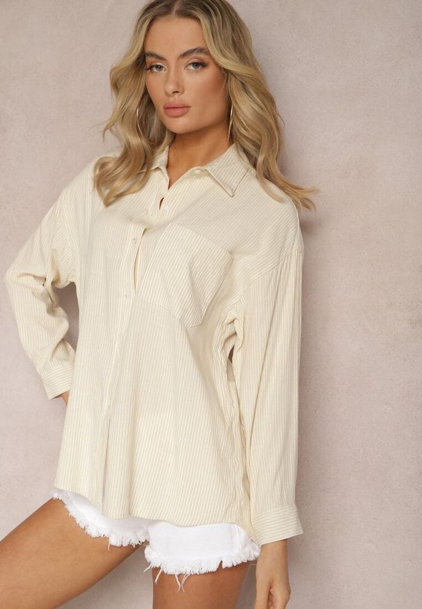 Renee - Beżowa Elegancka Koszula Bawełniana z Klasycznym Wzorem w Paski Lervana. Kolor: beżowy. Materiał: bawełna. Wzór: paski. Styl: klasyczny, elegancki