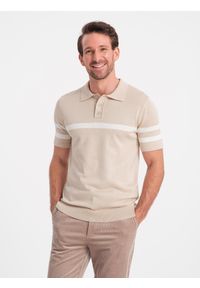 Ombre Clothing - Męska koszulka polo z miękkiej dzianiny z kontrastowymi pasami - beżowa V4 - Rozmiar: L. Okazja: na co dzień. Typ kołnierza: polo. Kolor: beżowy. Materiał: dzianina. Długość: krótkie. Wzór: paski. Styl: casual #3