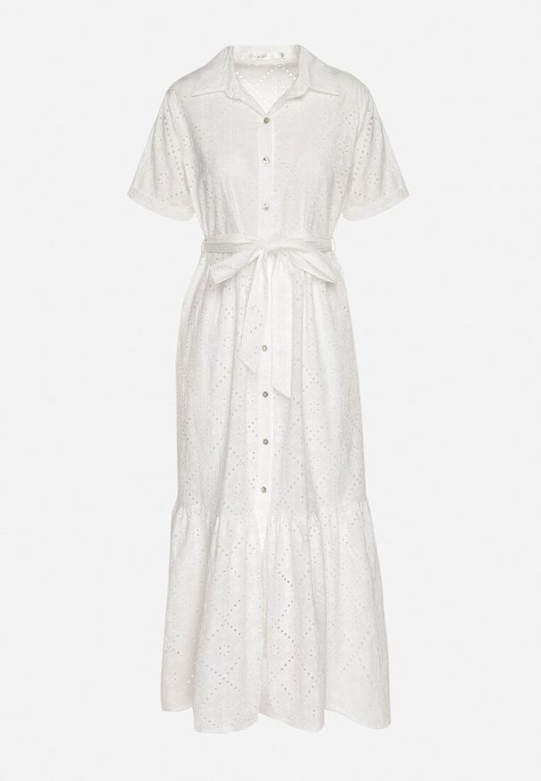 Born2be - Biała Bawełniana Sukienka Haftowana o Koszulowym Kroju z Wiązanym Paskiem Efrora. Okazja: na co dzień, na spacer, na imprezę. Kolor: biały. Materiał: bawełna. Długość rękawa: krótki rękaw. Wzór: haft. Typ sukienki: koszulowe. Styl: casual, elegancki