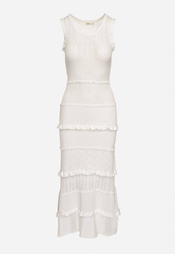 Born2be - Biała Sweterkowa Sukienka Midi z Falbankami Gadise. Typ kołnierza: kołnierz z falbankami. Kolor: biały. Wzór: aplikacja. Długość: midi