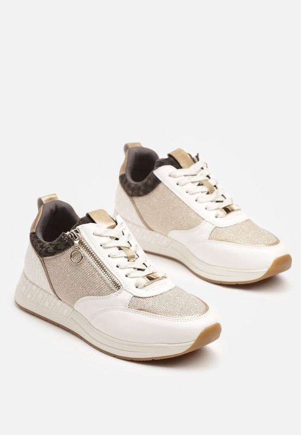 Born2be - Beżowo-Złote Sneakersy z Ozdobnym Suwakiem i Skórzaną Wkładką Hanviera. Okazja: na co dzień. Kolor: beżowy. Materiał: skóra. Wzór: aplikacja. Obcas: na obcasie. Wysokość obcasa: niski