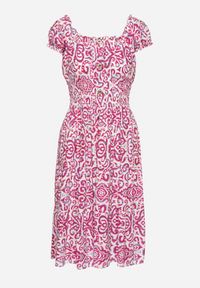 Born2be - Różowa Sukienka z Bawełny w Ornamentalny Wzór z Gumką w Pasie Natirissa. Okazja: na co dzień. Kolor: różowy. Materiał: bawełna. Długość rękawa: krótki rękaw. Sezon: lato. Typ sukienki: proste. Styl: casual, elegancki #2