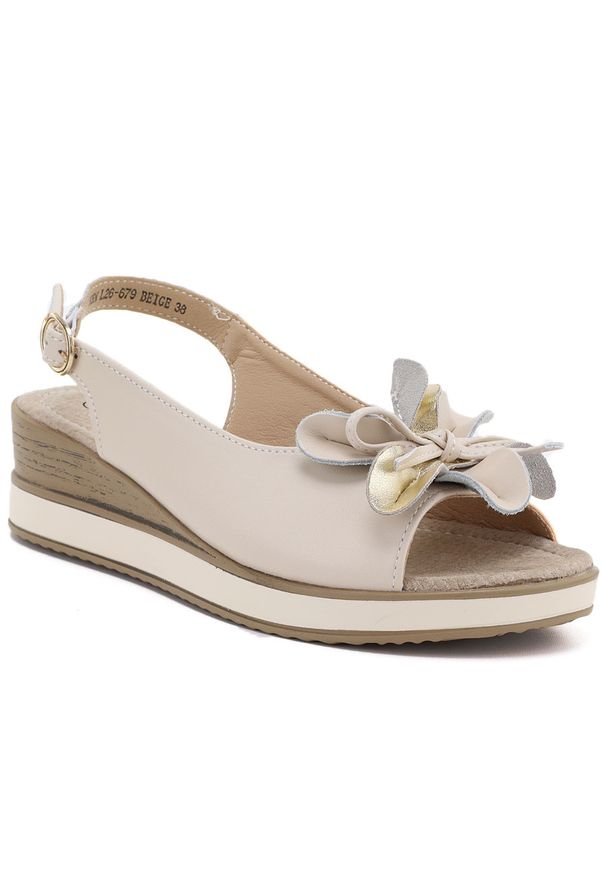 Skórzane sandały damskie na koturnie beżowe T.Sokolski L26-679. Kolor: beżowy. Materiał: skóra. Obcas: na koturnie