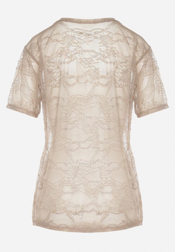 Born2be - Beżowa Koronkowa Bluzka Prześwitująca z Wiskozą Liosaine. Okazja: na spotkanie biznesowe, na co dzień. Kolor: beżowy. Materiał: wiskoza, koronka. Styl: casual, biznesowy