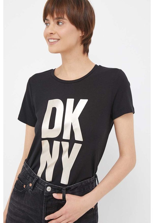 DKNY - Dkny t-shirt damski kolor czarny. Kolor: czarny. Materiał: dzianina. Styl: klasyczny