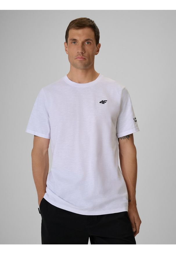 4f - 4F T-shirt regular gładki męski - biały M. Okazja: na co dzień. Kolor: biały. Materiał: bawełna, dzianina. Wzór: gładki. Styl: casual