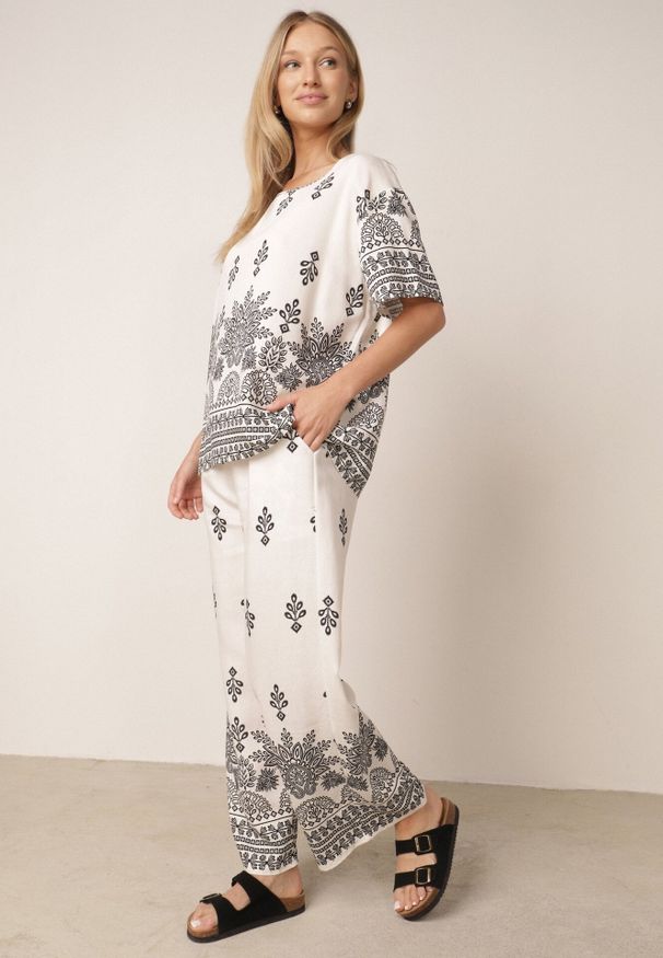 Born2be - Biały Komplet Wiskozowy Szerokie Spodnie i Luźna Bluzka z Nadrukiem Paisley Thela. Kolekcja: plus size. Kolor: biały. Materiał: wiskoza. Wzór: nadruk, paisley