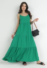 Born2be - Zielona Sukienka z Wiskozy na Ramiączkach z Falbanką Graesa. Kolor: zielony. Materiał: wiskoza. Długość rękawa: na ramiączkach. Styl: wakacyjny