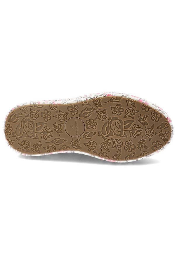 Sneakersy damskie Laura Vita, ze skóry naturalnej na solidnej podeszwie z klasycznym sznurowaniem, różowe, 51 SL26803B-51B. Okazja: na co dzień. Zapięcie: sznurówki. Kolor: różowy. Materiał: skóra. Wzór: nadruk, kwiaty. Styl: klasyczny
