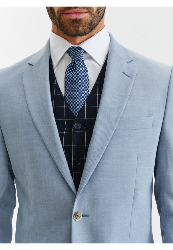 Pako Lorente - PAKO LORENTE – Błękitna marynarka garniturowa o widocznej strukturze. Okazja: na ślub cywilny, na wesele, na komunię. Kolor: niebieski. Materiał: wełna. Styl: elegancki