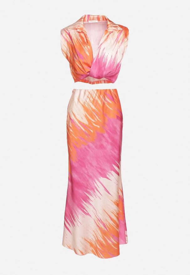 Born2be - Fuksjowy Komplet Koszulowa Góra z Usztywnionymi Ramionami i Spódnica z Gumką w Talii Caleria. Kolor: różowy