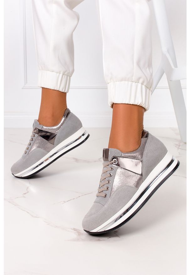Kati - Szare sneakersy kati buty sportowe sznurowane polska skóra 7099. Kolor: złoty, wielokolorowy, szary. Materiał: skóra