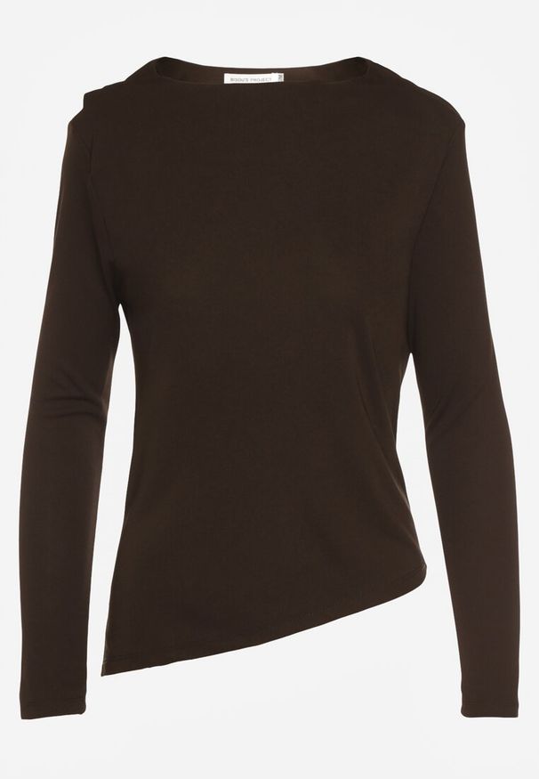 Renee - Brązowa Bluzka Longsleeve o Asymetrycznym Kroju z Poduszkami w Ramionach Tusandia. Okazja: do pracy, na spotkanie biznesowe. Kolor: brązowy. Materiał: futro, jeans. Długość rękawa: długi rękaw. Styl: biznesowy