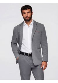 Ombre Clothing - Dzianinowa męska marynarka o dopasowanym kroju - jasnoszara V2 - Rozmiar: M. Okazja: na co dzień, do pracy, na spotkanie biznesowe. Kolor: szary. Materiał: dzianina. Styl: klasyczny, casual, biznesowy, elegancki