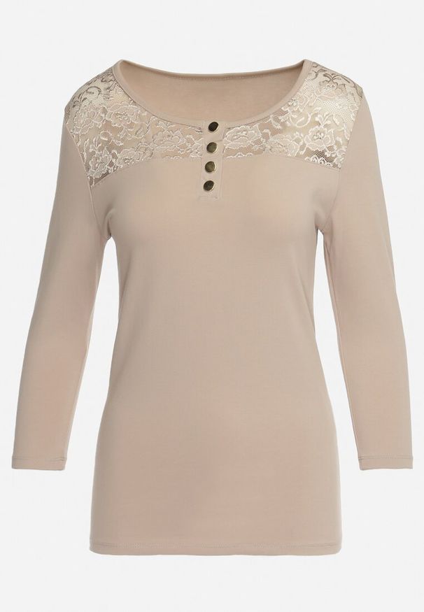 Born2be - Beżowa Bawełniana Bluzka z Ozdobnymi Napami i Wstawką z Koronki Betolia. Okazja: na co dzień. Kolor: beżowy. Materiał: bawełna, koronka. Wzór: koronka. Styl: elegancki, casual