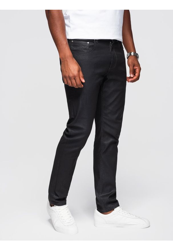 Ombre Clothing - Męskie woskowane spodnie jeansowe SLIM FIT – czarne V3 OM-PADP-0149 - XXL. Kolor: czarny. Materiał: jeans. Styl: retro, klasyczny, rockowy