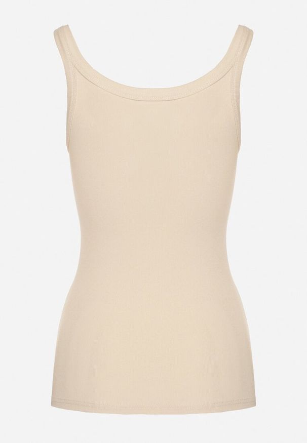 Born2be - Beżowy Bawełniany Top na Ramiączkach z Prążkowanej Tkaniny Wenlina. Okazja: na co dzień. Kolor: beżowy. Materiał: bawełna, tkanina, prążkowany. Długość rękawa: na ramiączkach. Styl: elegancki, casual