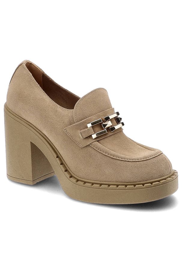 Półbuty damskie Lemar, naturalna skóra zamszowa skórzana wkładka wnętrze ze skóry i materiału wsuwana konstrukcja, bez/zł, 20116-W. Kolor: beżowy. Materiał: zamsz, skóra, materiał. Szerokość cholewki: normalna. Obcas: na obcasie. Styl: elegancki. Wysokość obcasa: średni