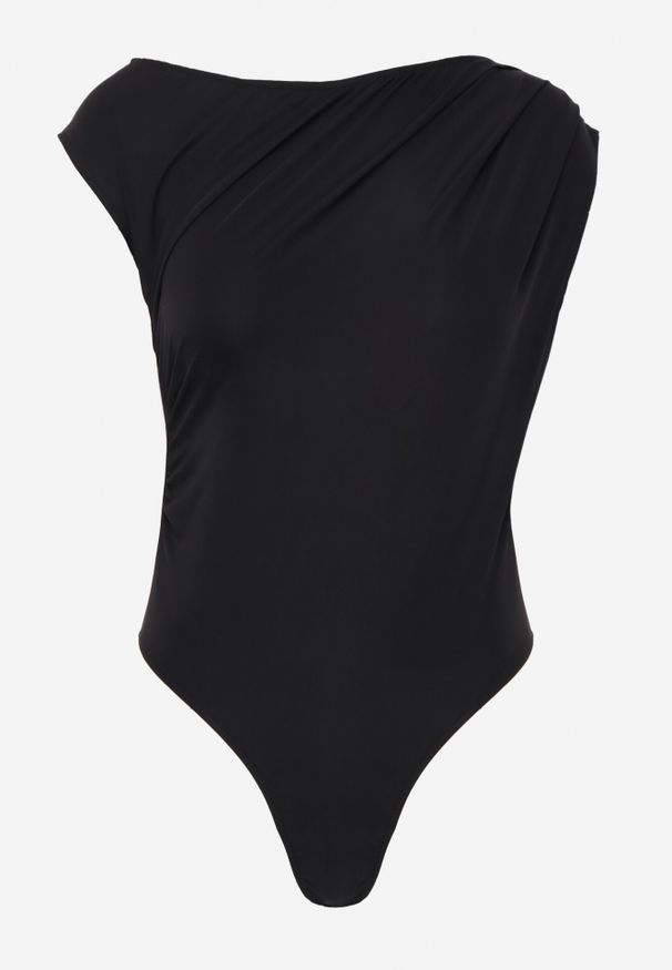 Born2be - Czarne Asymetryczne Body Ozdobione Marszczeniem Dinida. Okazja: na co dzień. Kolor: czarny. Materiał: jeans. Wzór: aplikacja. Styl: casual, klasyczny, elegancki