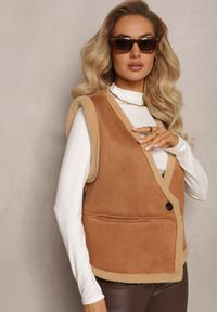 Renee - Brązowa Luźna Kamizelka z Ozdobnym Kożuszkiem Barta. Kolor: brązowy. Długość rękawa: bez rękawów. Styl: elegancki