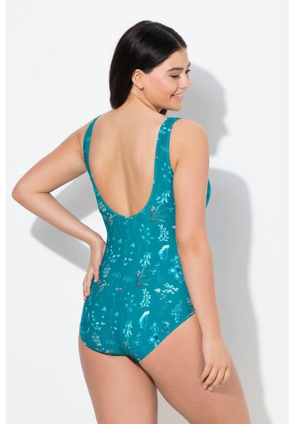 ULLA POPKEN - Damskie Kostium kąpielowy kwiaty bez miękkich miseczek okrągły dekolt. Kolekcja: plus size. Kolor: zielony. Materiał: elastan, poliamid, materiał. Wzór: kwiaty