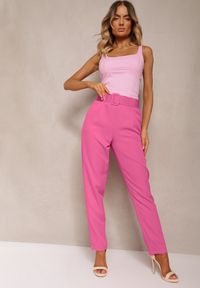 Renee - Ciemnoróżowe Spodnie Garniturowe High Waist z Paskiem Wenus. Okazja: na spotkanie biznesowe, na co dzień. Stan: podwyższony. Kolor: różowy. Materiał: tkanina, materiał. Wzór: jednolity, gładki. Styl: casual, biznesowy #3